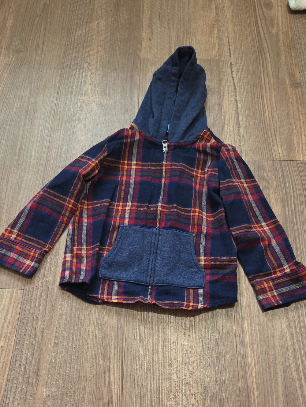 Navy Plaid Zip-Up Hoodie with Front Pocket